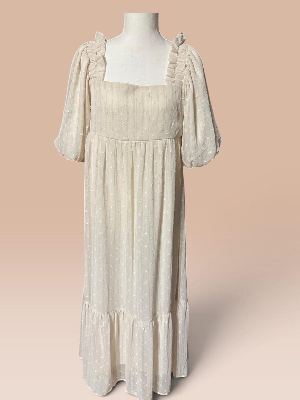 Elegant Cream Puff-Sleeve Maxi Dress with Swiss Dot Texture